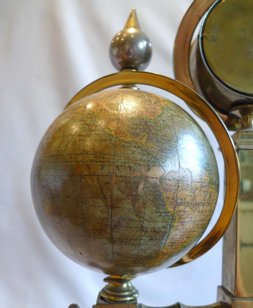 Desk compendium with two rotating terrestrial & celestial globes, thermometer, barometer & compass