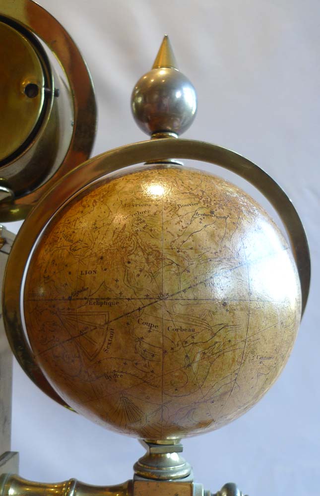 Desk compendium with two rotating terrestrial & celestial globes, thermometer, barometer & compass