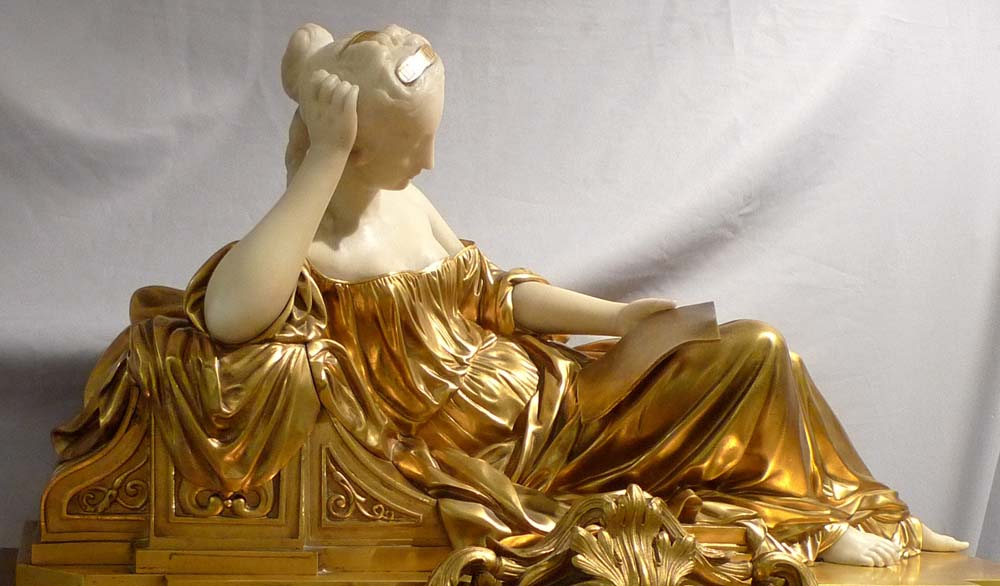 Antique French rare, ormolu, carrera marble and porcelain mantel clock signed Raingo Freres.