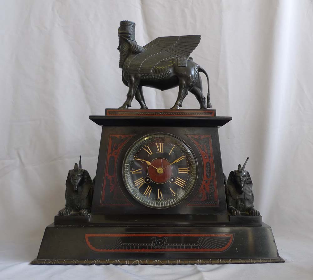 Antique Egyptian style, Egyptian revival mantel clock set.