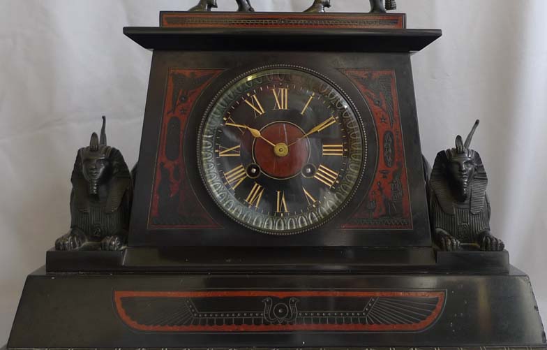 Antique Egyptian style, Egyptian revival mantel clock set.