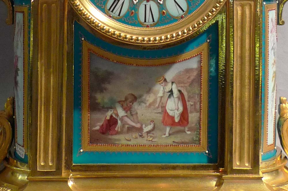 Antique very large mantel clock in ormolu and jewelled and hand painted bleu celeste porcelain.