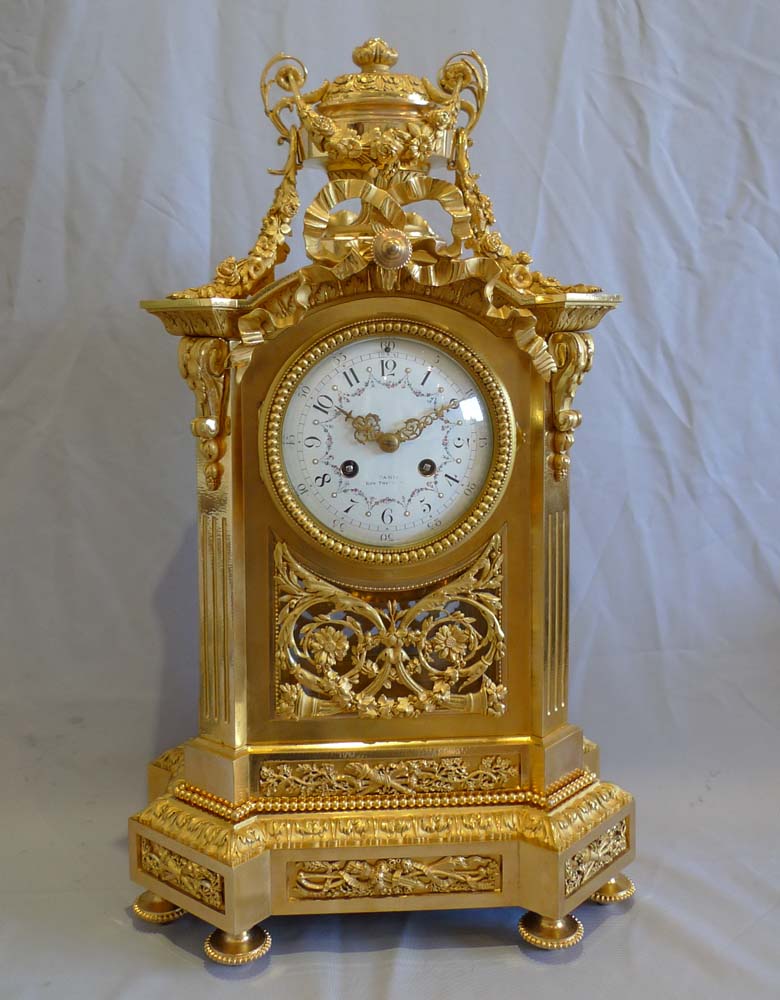 Antique French ormolu mantel clock of large size.
