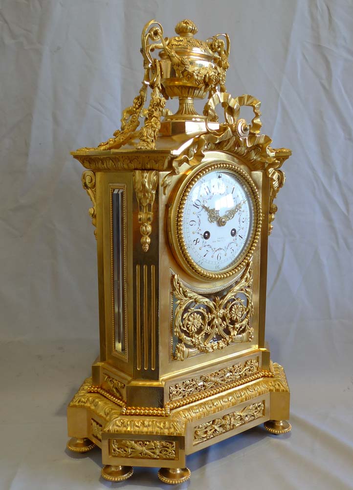 Antique French ormolu mantel clock of large size.