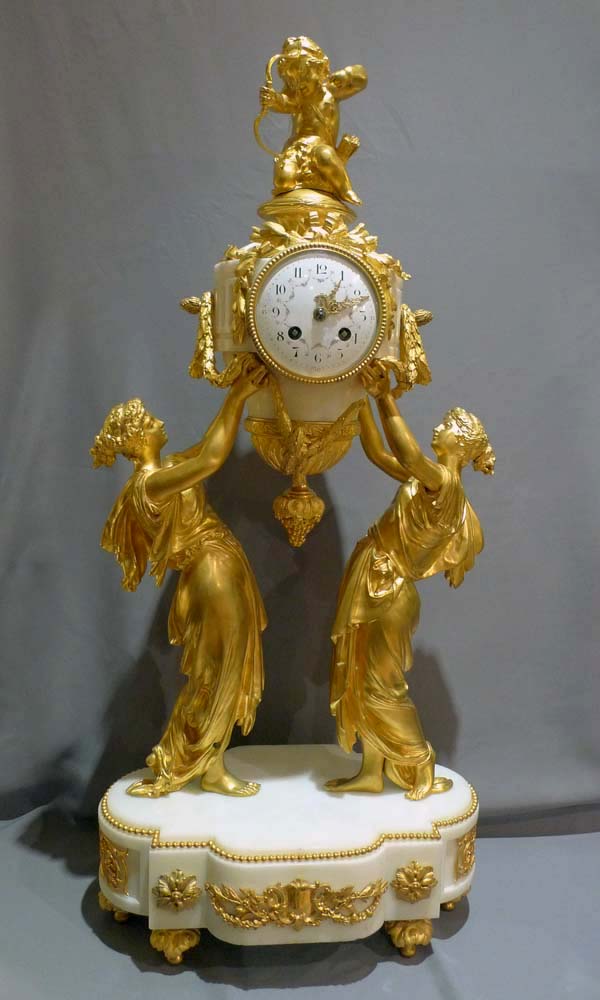Antique French mantel clock of two women holding  up time.