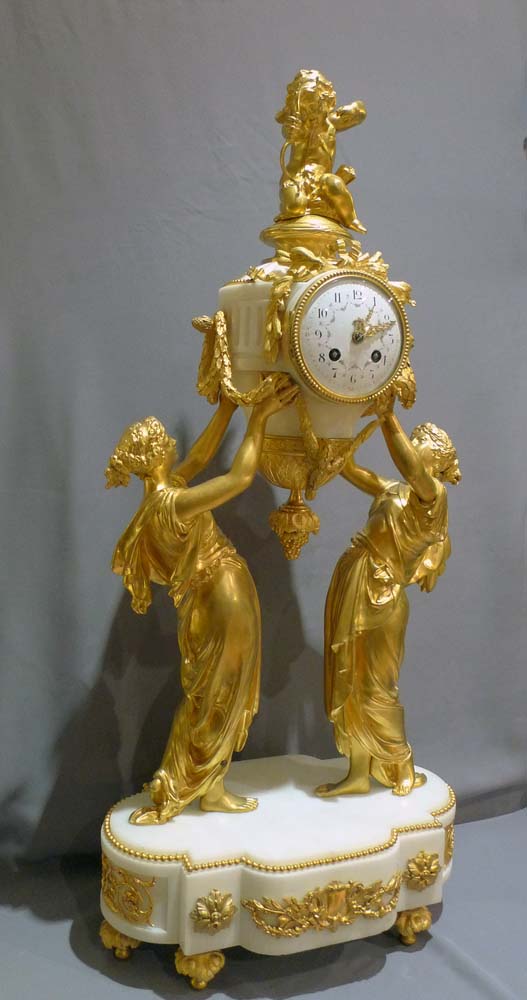 Antique French mantel clock of two women holding  up time.