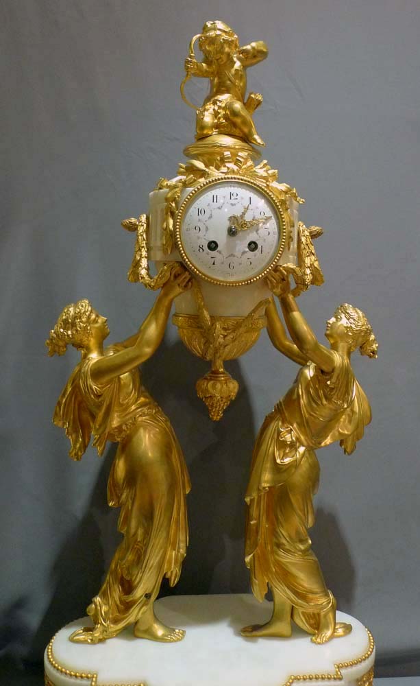 Antique French mantel clock of two women holding  up time.