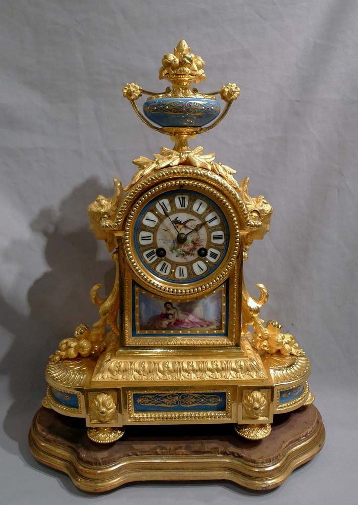 .Antique French Napoleon III ormolu and blue celeste porcelain mantel clock.