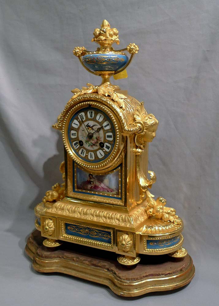 .Antique French Napoleon III ormolu and blue celeste porcelain mantel clock.