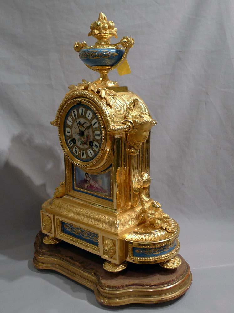 .Antique French Napoleon III ormolu and blue celeste porcelain mantel clock.
