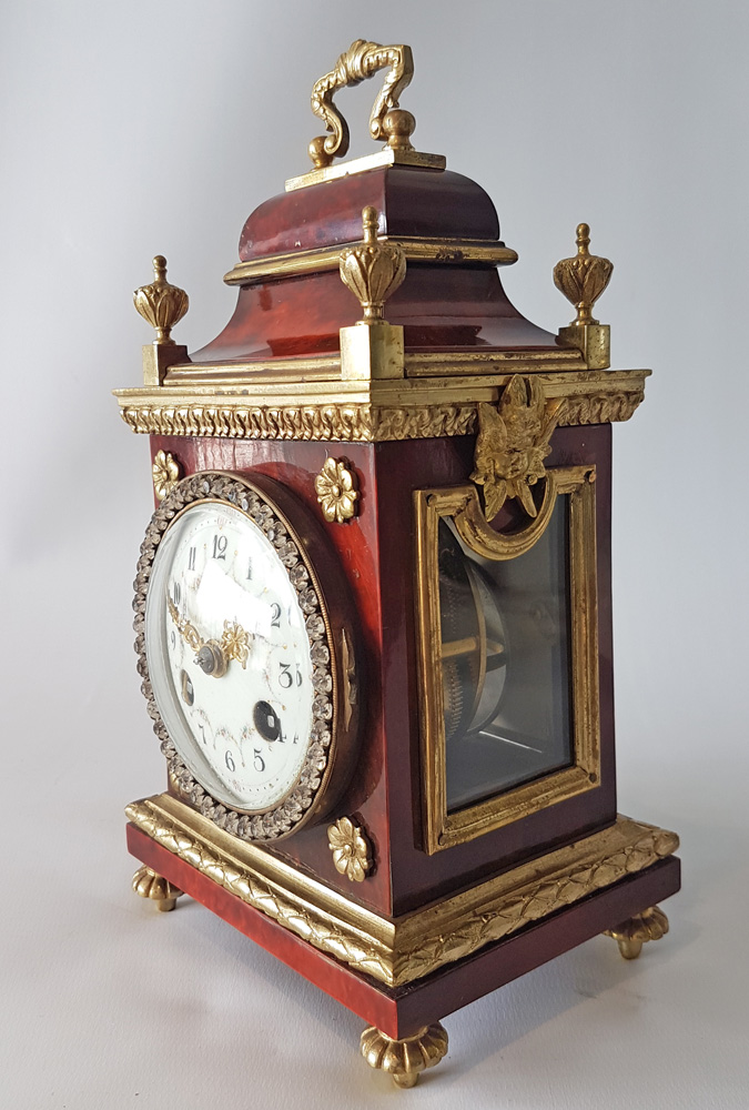 Antique miniature red tortoiseshell and bronze paste set mantel clock in early 18th century style