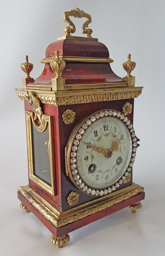 Antique miniature red tortoiseshell and bronze paste set mantel clock in early 18th century style