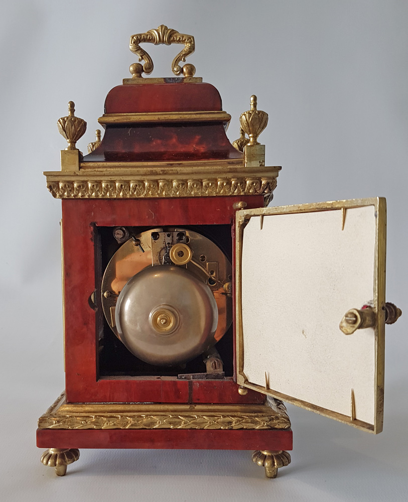 Antique miniature red tortoiseshell and bronze paste set mantel clock in early 18th century style