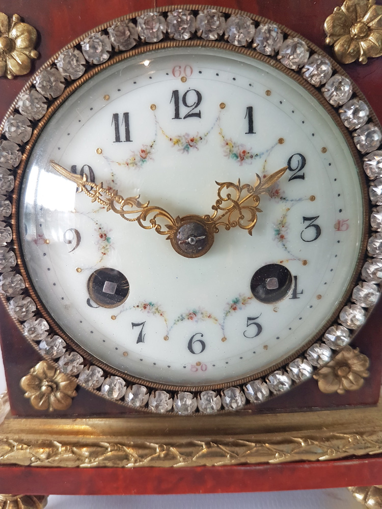 Antique miniature red tortoiseshell and bronze paste set mantel clock in early 18th century style