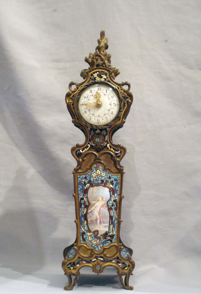 Antique cloissonee enamel and gilt bronze French mantle clock with fine enamel painted scene.