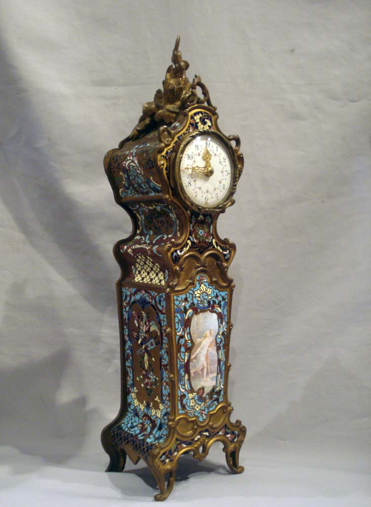 Antique cloissonee enamel and gilt bronze French mantle clock with fine enamel painted scene.