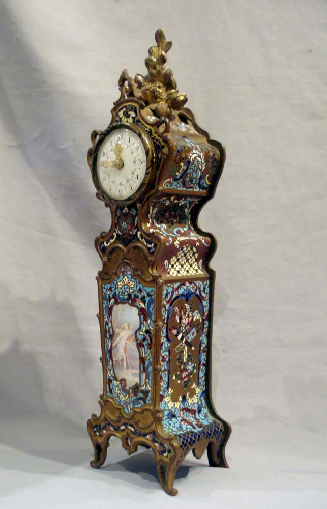 Antique cloissonee enamel and gilt bronze French mantle clock with fine enamel painted scene.