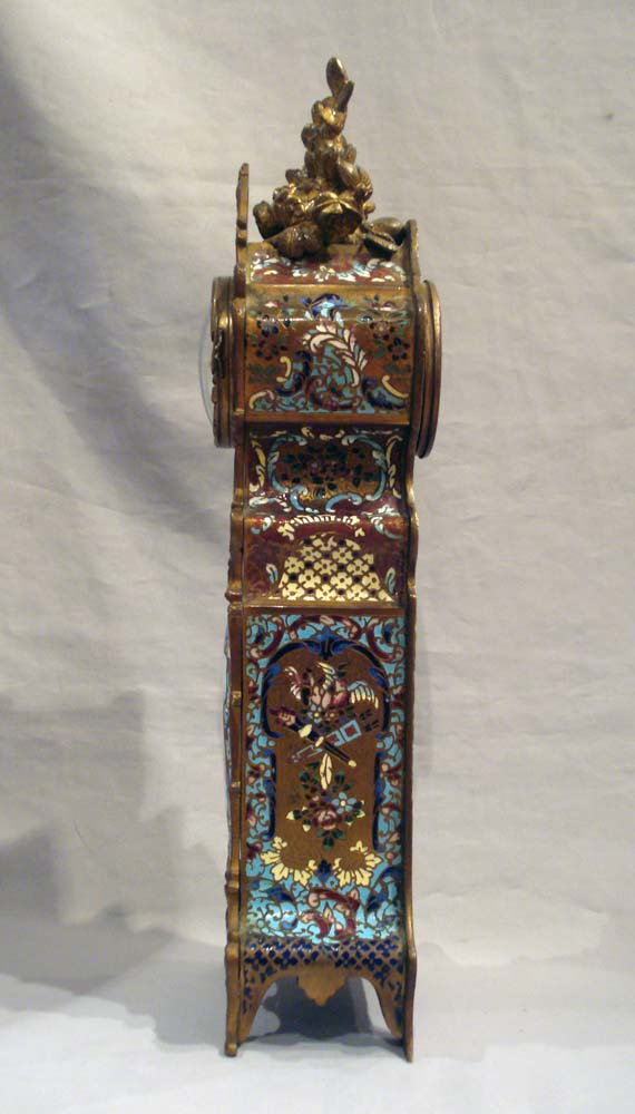 Antique cloissonee enamel and gilt bronze French mantle clock with fine enamel painted scene.