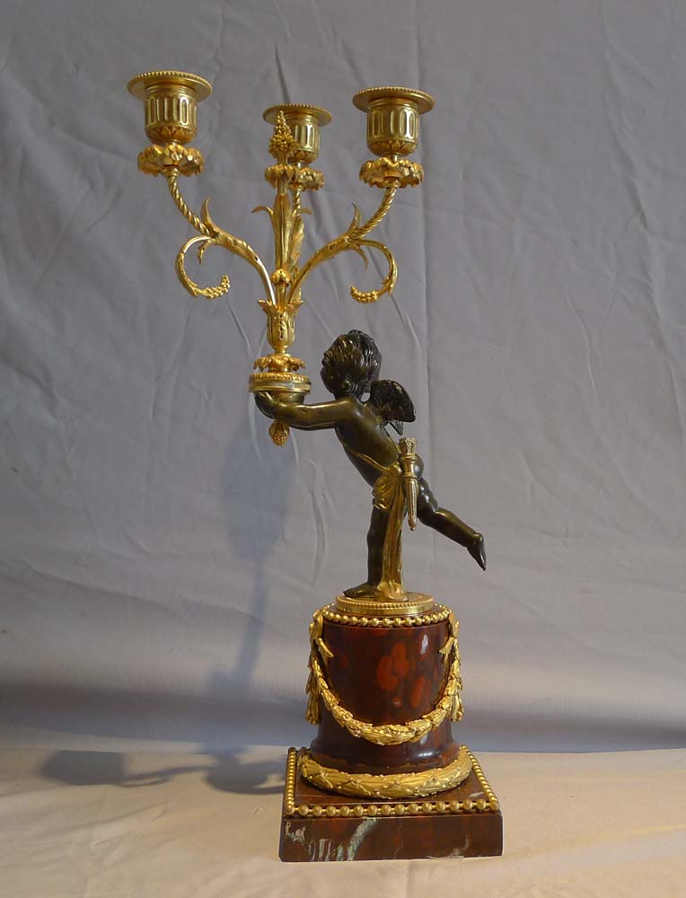 Antique French rouge marble and ormolu clock set with diial signed Julian Leroy a Paris.