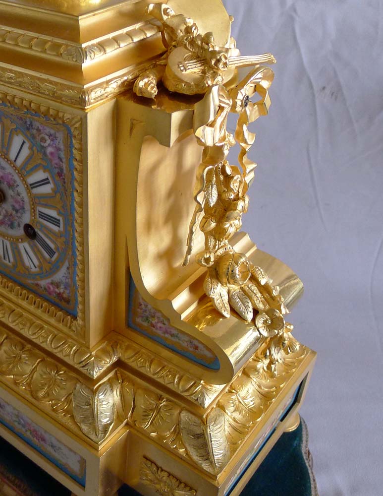 Antique French Napoleon III porcelain, ormolu and silvered bronze clock set.