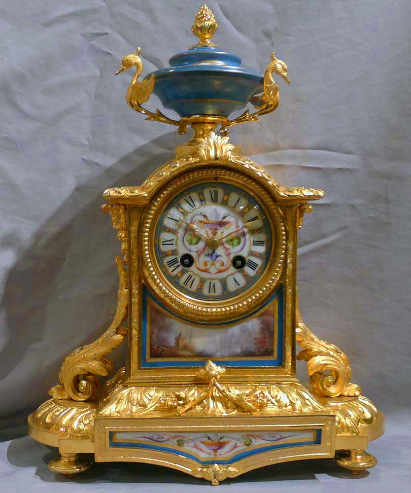 Antique French blue celeste porcelain and ormolu mantel clock