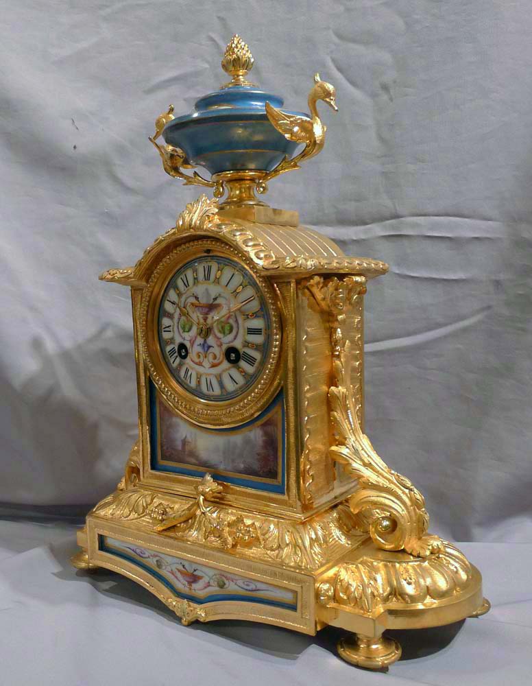 Antique French blue celeste porcelain and ormolu mantel clock
