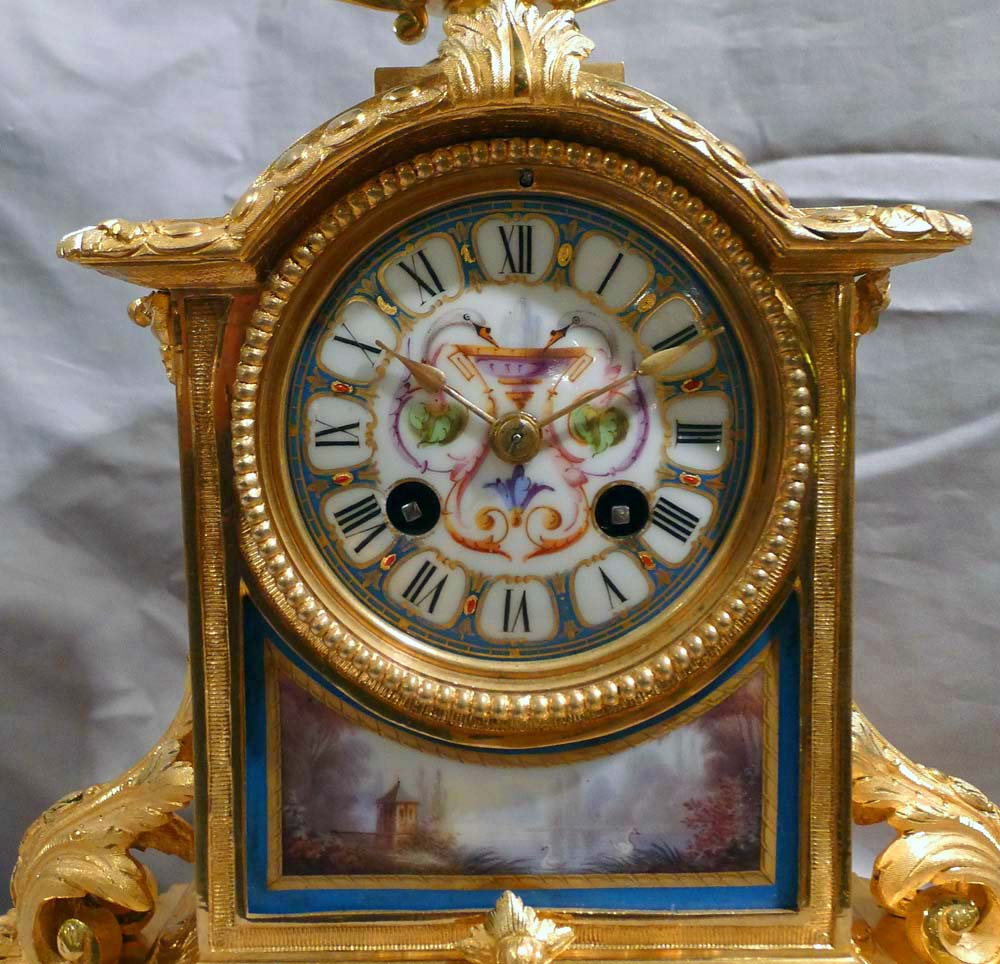 Antique French blue celeste porcelain and ormolu mantel clock