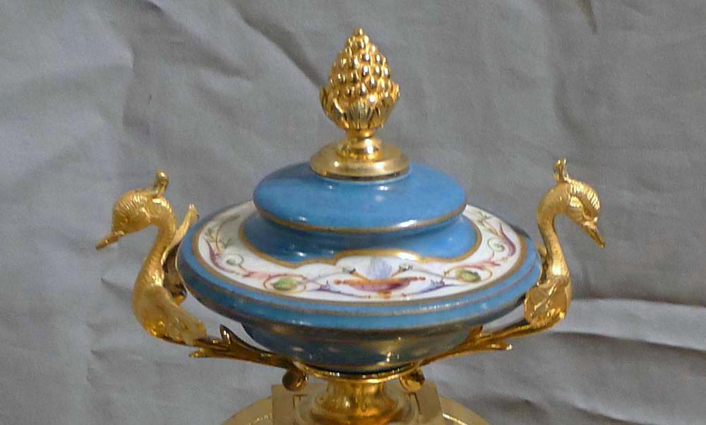 Antique French blue celeste porcelain and ormolu mantel clock
