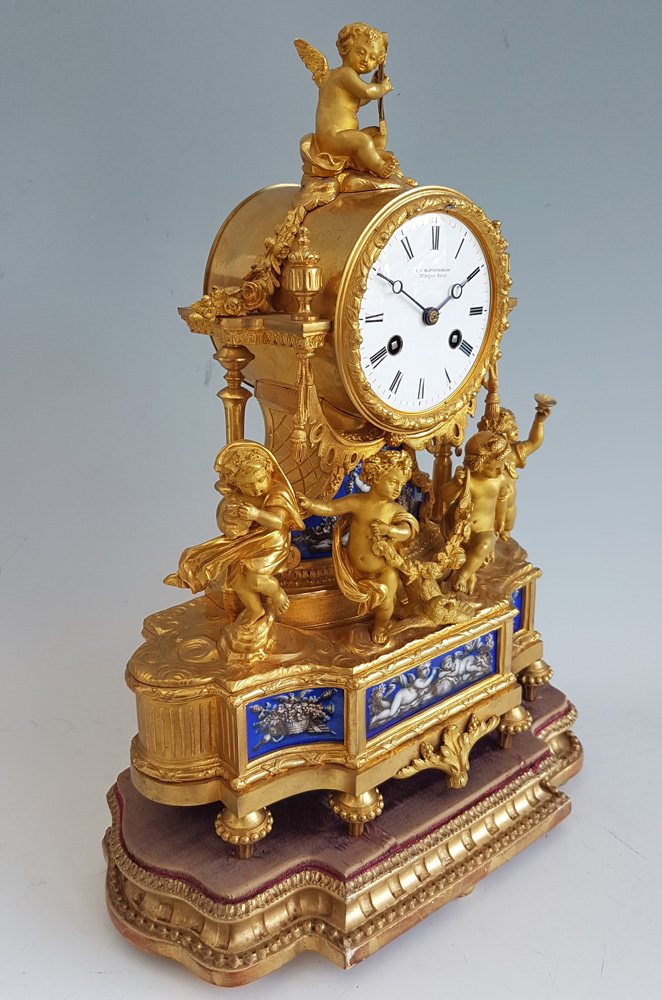 Antique French  Ormolu and Blue Porcelain Four Seasions mantel clock