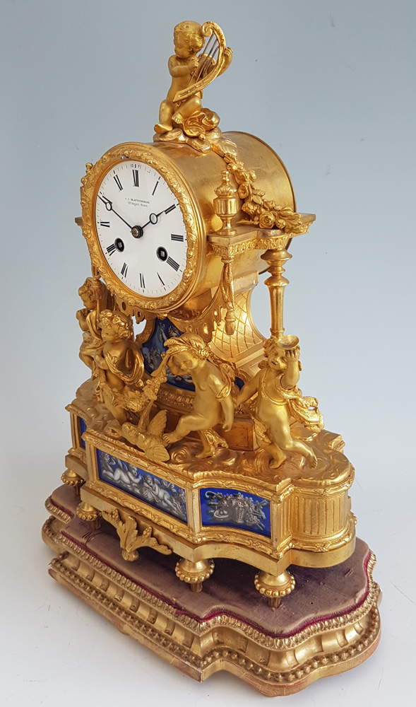 Antique French  Ormolu and Blue Porcelain Four Seasions mantel clock
