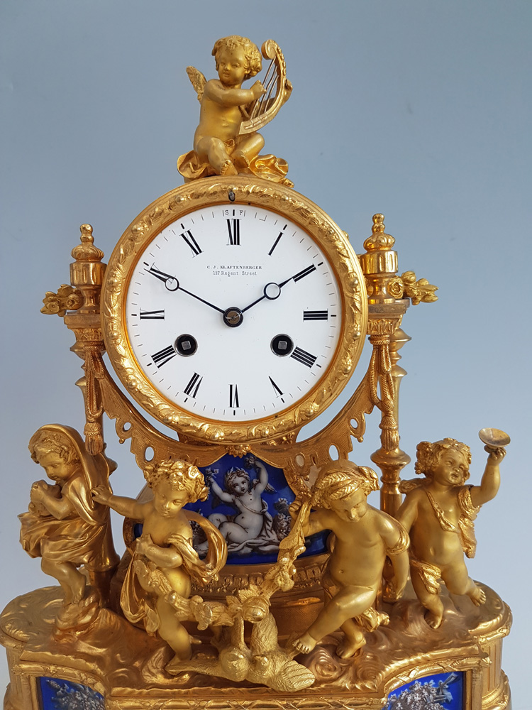 Antique French  Ormolu and Blue Porcelain Four Seasions mantel clock