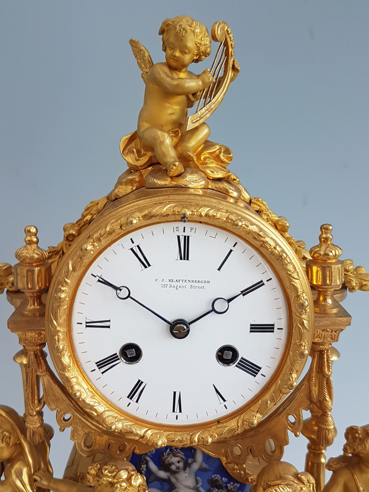Antique French  Ormolu and Blue Porcelain Four Seasions mantel clock
