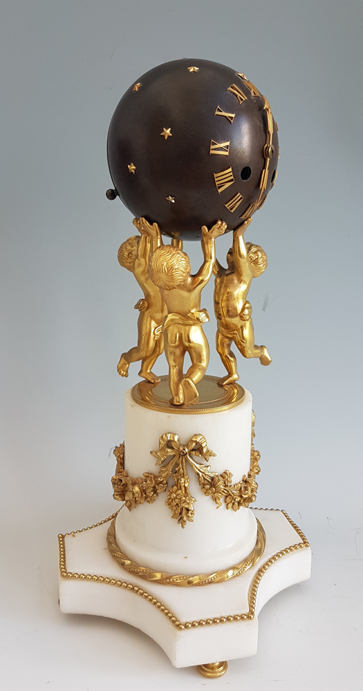 Antique French White marble, patinated bronze and ormolu Globe Clock