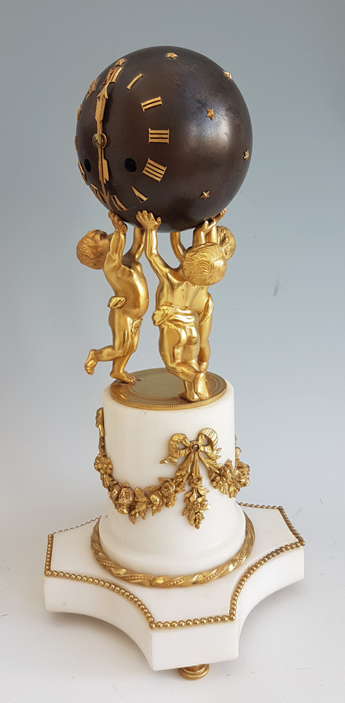 Antique French White marble, patinated bronze and ormolu Globe Clock