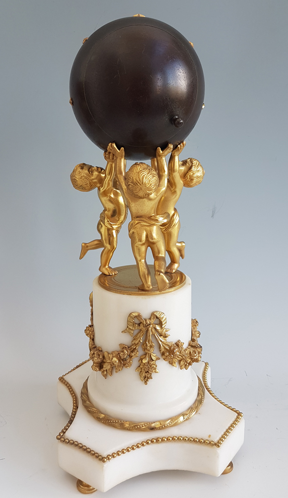 Antique French White marble, patinated bronze and ormolu Globe Clock