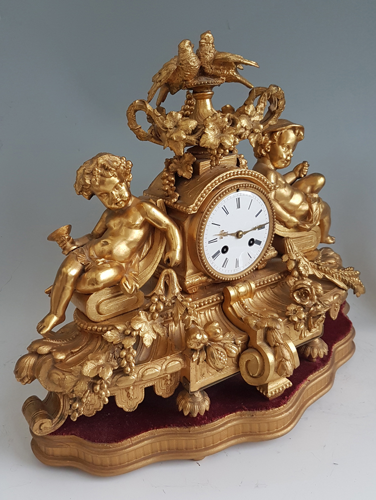 Antique French Gilt Bronze Mantel Clock with Two Doves
