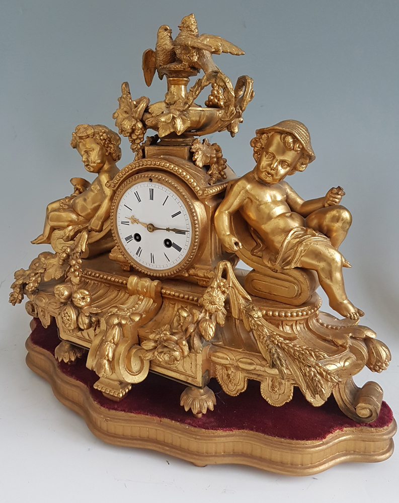 Antique French Gilt Bronze Mantel Clock with Two Doves