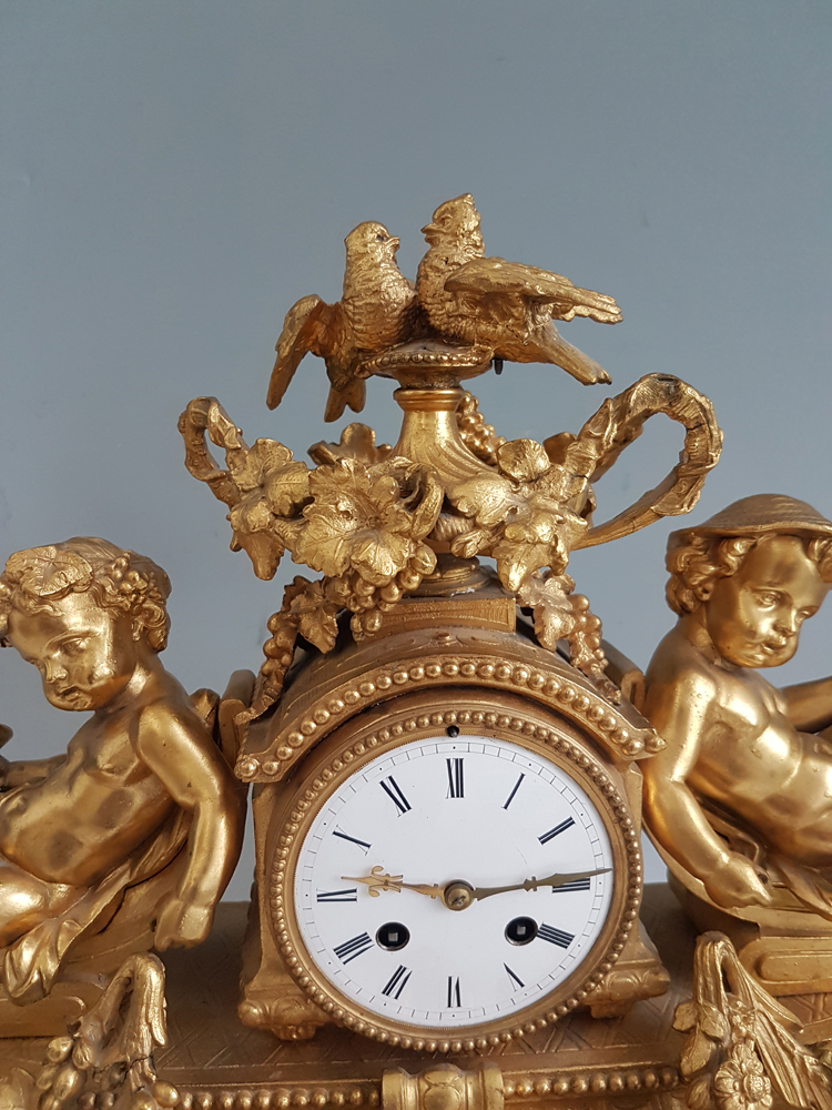 Antique French Gilt Bronze Mantel Clock with Two Doves