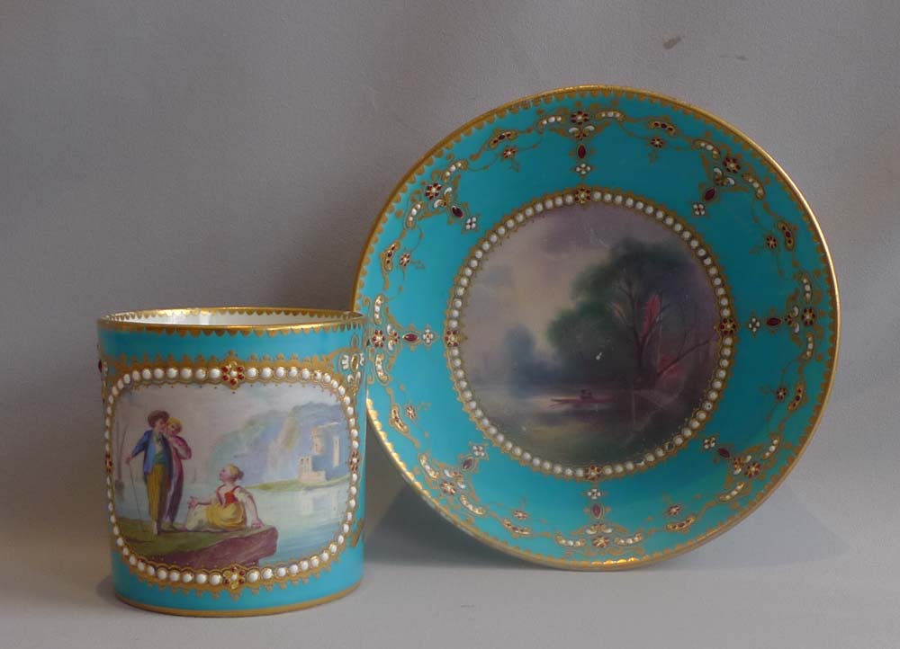 Sevres Paris porcelain jewelled and in bleu celeste cabinet cup and saucer, 18th century.