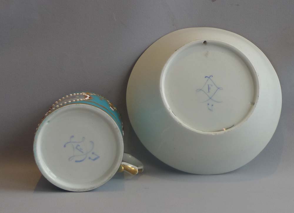 Sevres Paris porcelain jewelled and in bleu celeste cabinet cup and saucer, 18th century.