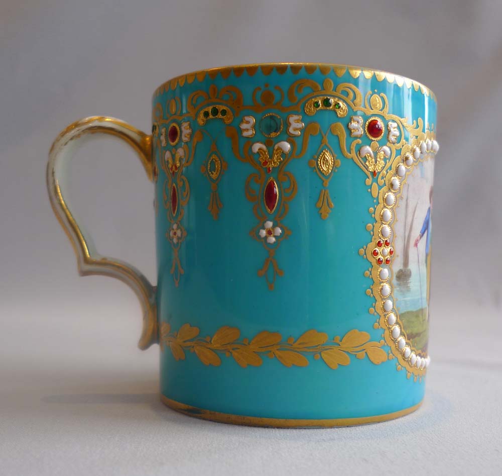 Sevres Paris porcelain jewelled and in bleu celeste cabinet cup and saucer, 18th century.