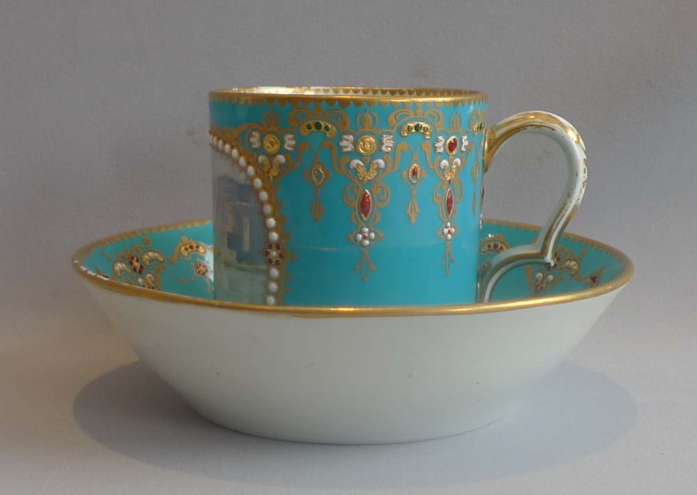 Sevres Paris porcelain jewelled and in bleu celeste cabinet cup and saucer, 18th century.