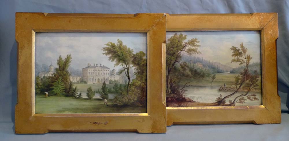 Pair of Derby English porcelain plaques painted by Wm Hancock in fine gilded frames.