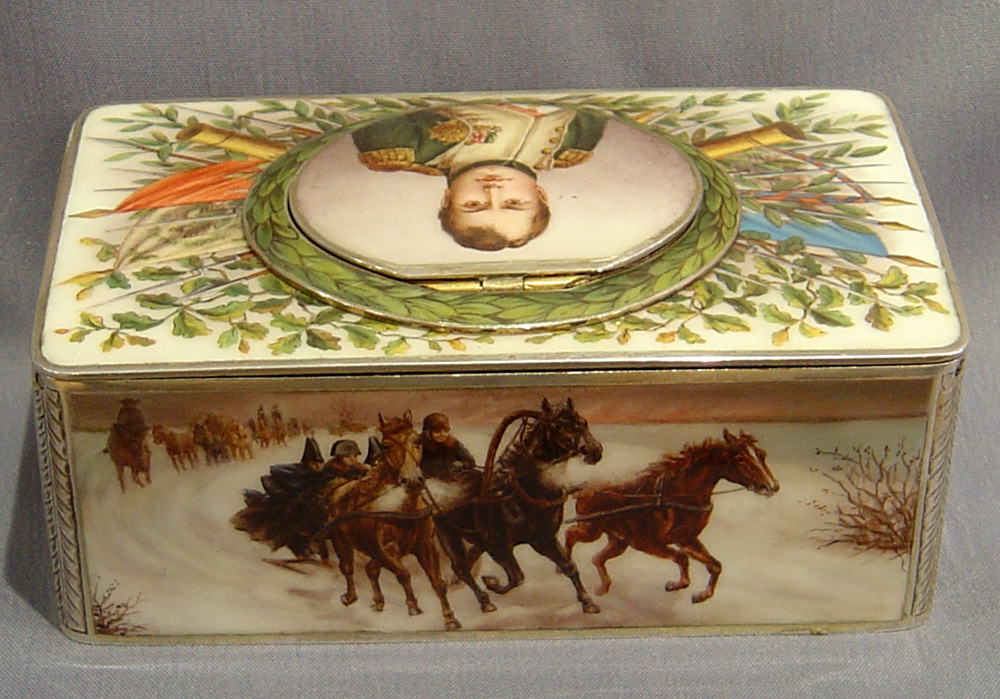 Outstanding silver and enamel singing bird box by Griesbaum with Napoleonic decoration.