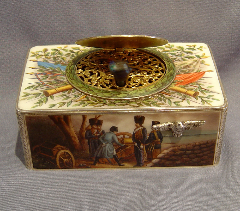 Outstanding silver and enamel singing bird box by Griesbaum with Napoleonic decoration.
