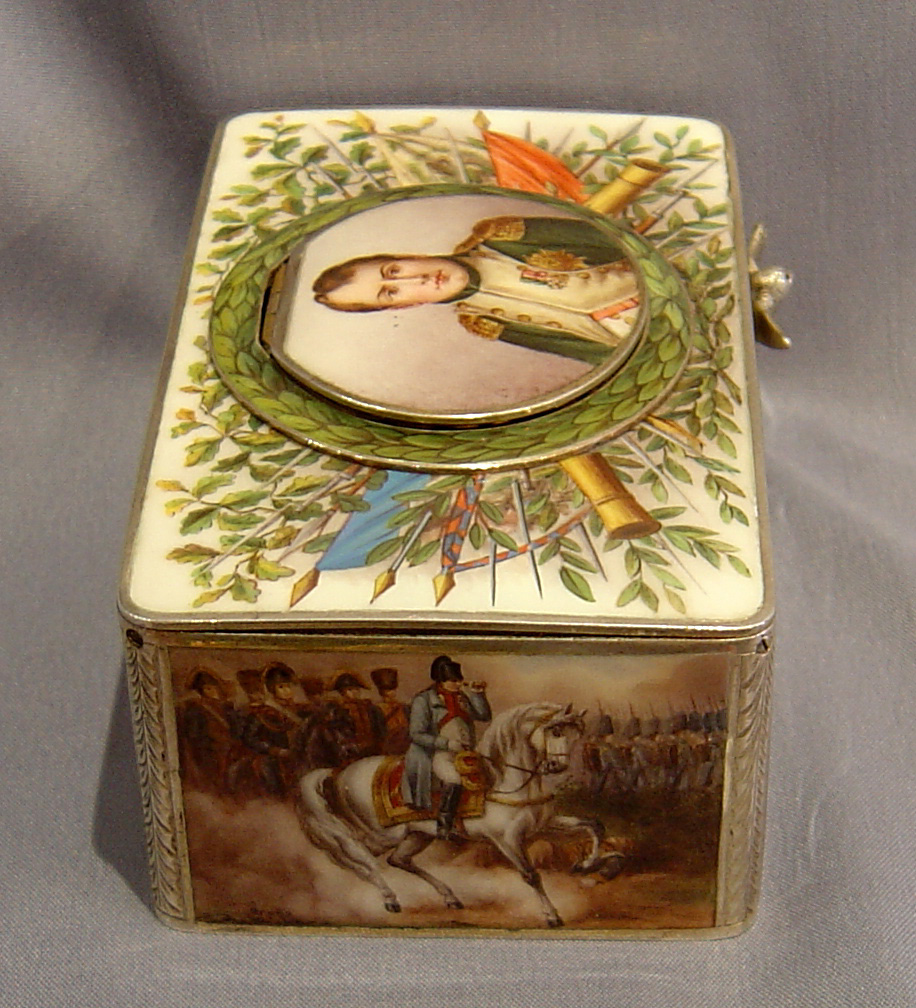 Outstanding silver and enamel singing bird box by Griesbaum with Napoleonic decoration.