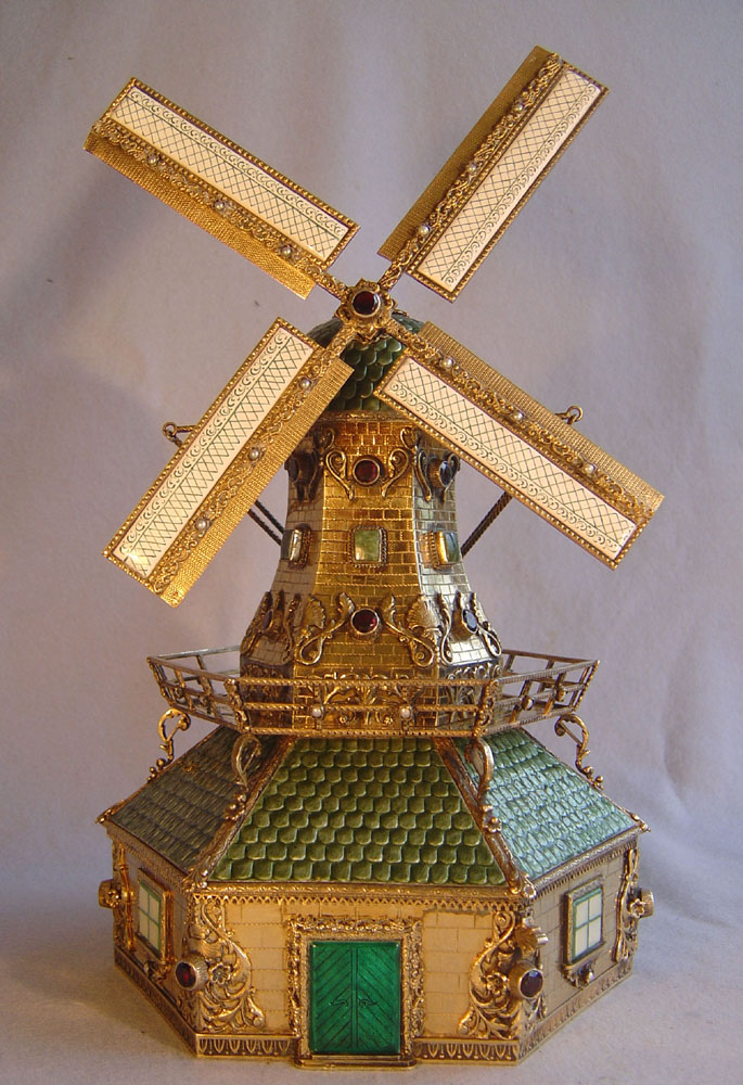 Austrian silver gilt, enamel and jewelled automaton musical windmill jewellry  box.
