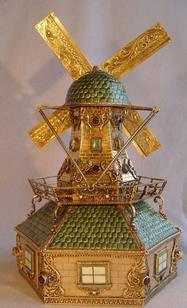 Austrian silver gilt, enamel and jewelled automaton musical windmill jewellry  box.