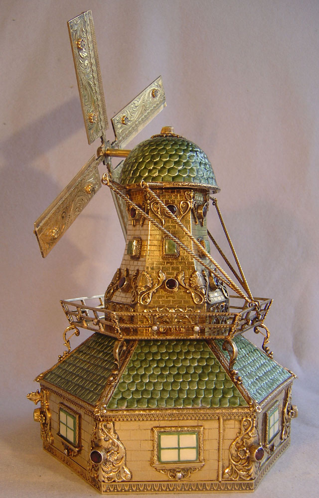 Austrian silver gilt, enamel and jewelled automaton musical windmill jewellry  box.