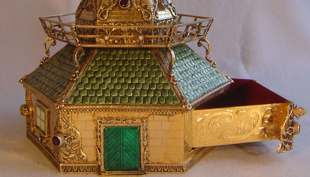 Austrian silver gilt, enamel and jewelled automaton musical windmill jewellry  box.